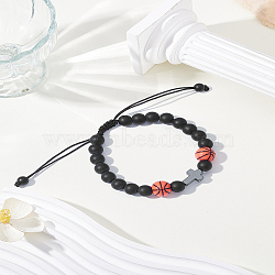 1Pc Frosted Natural Black Stone Round Beaded Braided Bead Bracelets for Unisex, Basketball, with Paper Card, Black, Inner Diameter: 1-3/4~3-1/8 inch(4.6~8cm)(BJEW-LP0012-18)