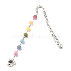 Tibetan Style Alloy Bookmarks, with Chakra Theme Fropted Natural Gemstone Beaded Pendant, Lotus, Antique Silver, 141mm(AJEW-JK00182-01)