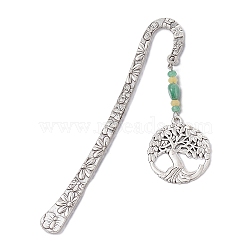 Natural Malaysia Jade & Green Aventurine Beaded Pendant Bookmarks with Alloy Tree of Life, Flower Pattern Hook Bookmarks, Antique Silver, 123.5x21x2.5mm, Pendant: 60x30x5mm(AJEW-JK00255-05)