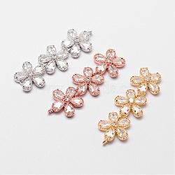 Brass Micro Pave Cubic Zirconia Links, Clear, Flower, Mixed Color, 42x14x5mm, Hole: 1.5mm(ZIRC-A003-02)