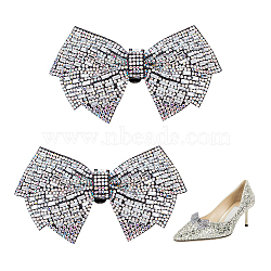 Glass Rhinestone Bowknot Shoe Decorations, Detachable Shoe Buckle Clips, with Iron & Felt Findings, Crystal AB, 58x102x16mm(AJEW-WH0323-24B)