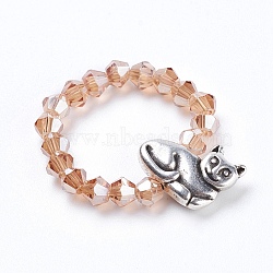 Electroplate Faceted Glass Beads Rings, with Alloy Beads, Cat Shape, PeachPuff, Size 8, 18mm(RJEW-JR00217-04)