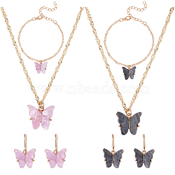 Plastic Butterfly Pendant Necklace & Bracelet & Dangle Leverback Earrings, Golden Alloy Jewelry Set for Women, Mixed Color, 18.19 inch(46.2cm), 7-1/4 inch(18.5cm), 30.5mm, Pin: 0.7mm(SJEW-AN0001-33)