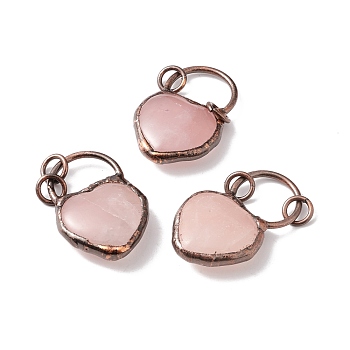 Natural Rose Quartz Pendants, with Red Copper Tone Brass Findings, Heart, Cadmium Free & Lead Free, 38.5~47x20~26x10~11mm, Hole: 6mm