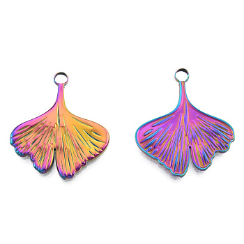 Ion Plating(IP) 201 Stainless Steel Pendants, Ginkgo Leaf, Rainbow Color, 27x23x2mm, Hole: 3mm