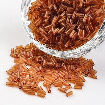Transparent Colours Round Hole Glass Bugle Beads, Sienna, 3~5x1.8~2mm, Hole: 0.8mm, about 12000pcs/450g