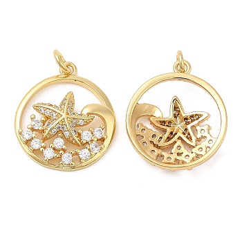 Brass Micro Pave Cubic Zirconia Pendants, Flat Round & Starfish, Real 18K Gold Plated, 20x18x4.5mm, Hole: 3mm