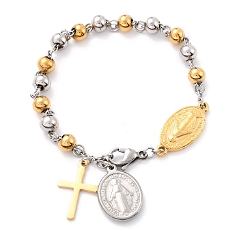 304 Stainless Steel Charm Bracelets, with Round Beads, Cross & Oval with Saint, Golden & Stainless Steel Color, 8-3/8 inch(21.3cm)