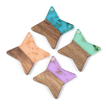 Transparent Resin & Walnut Wood Pendants, with Gold Foil, Star, Mixed Color, 29.5x29.5x3mm, Hole: 2mm