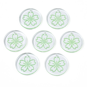Transparent Resin Pendants, with Glitter Powder, Flat Round with Sakura Flower, Light Green, 24~24.5x3~4mm, Hole: 1.2mm