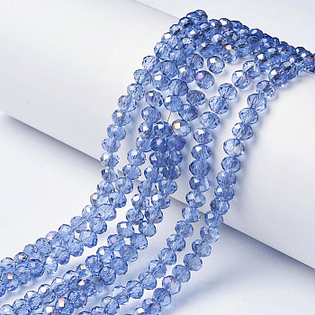 Electroplate Transparent Glass Beads Strands, Half Rainbow Plated, Faceted, Rondelle, Cornflower Blue, 3x2mm, Hole: 0.8mm, about 150~155pcs/strand, 15~16 inch(38~40cm)