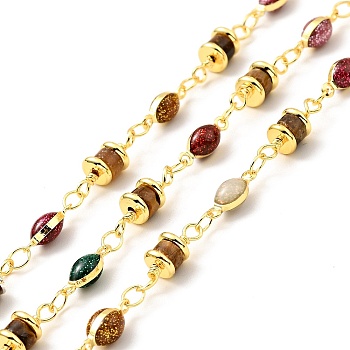 Natural Tiger Eye Column & Colorful Enamel Horse Eye Link Chain, with Brass Findings, Soldered, with Spool, Lead Free & Cadmium Free, Real 18K Gold Plated, 13.5x5mm, 10x4x3.5mm