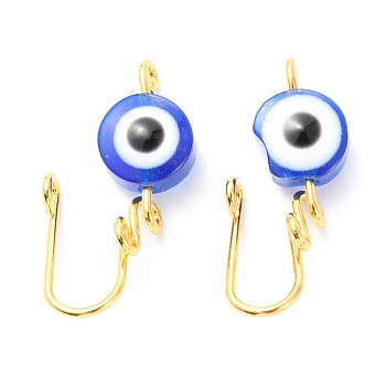 Brass Nose Rings, with Evil Eye Resin Beads, Nose Cuff Non Piercing, Clip on Nose Ring for Women Men, Blue, Golden, 23.5x8x10mm, Hole: 1.5mm