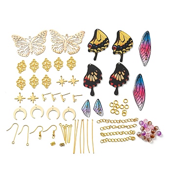 DIY Butterfly Earring Making Kit, Including Wing Iron & Resin & Acrylic Pendant, 304 Stainless Steel Stud Earring Findings & Pendant, Brass & 316 Surgical Stainless Steel Earring Hooks, Glass Beads, Golden