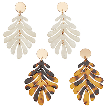 2 Pairs 2 Colors Acrylic Tropical Leaf Dangle Stud Earrings, Golden Alloy Long Drop Earrings for Women, Mixed Color, 65mm, Pin: 0.8mm, 1 Pair/color