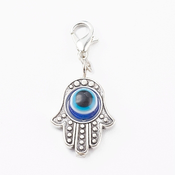 Alloy Pendants, with Resin Beads and Zinc Alloy Lobster Claw Clasps, Hamsa Hand with Evil Eye, Antique Silver & Platinum, Royal Blue, 40mm
