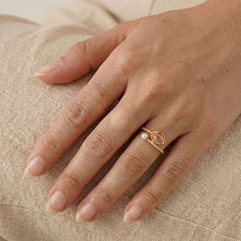 Brass Micro Pave Cubic Zirconia Finger Rings for Women, Flower, with Plastic Pearl & Resin, Golden, 17mm