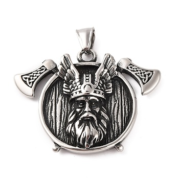Viking 316 Surgical Stainless Steel Big Pendants, Flat Round with Double AX Charm, Antique Silver, 42.5x51x8.5mm, Hole: 8x4mm