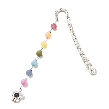 Tibetan Style Alloy Bookmarks, with Chakra Theme Fropted Natural Gemstone Beaded Pendant, Lotus, Antique Silver, 141mm