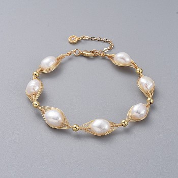 Natural Pearl Beaded Bracelets, with Copper Wire, Brass Cubic Zirconia Pendants, Brass Beads, Cable Chains and Lobster Claw Clasps, with Cardboard Packing Box, Golden, 7-7/8 inch(20cm)