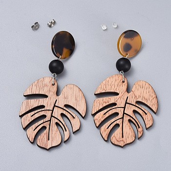 Wooden Dangle Earrings, with Cellulose Acetate(Resin), Synthetic Black Stone Beads, and 304 Stainless Steel Stud Earring Findings, Leaf, Camel, 85~86mm, Pin: 0.7mm
