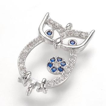 Brass Micro Pave Cubic Zirconia Links, Owl, Real Platinum Plated, 20x11x2mm, Hole: 1mm