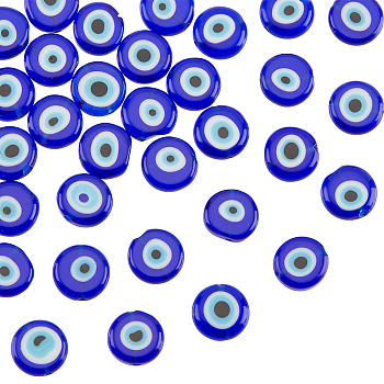 Handmade Evil Eye Lampwork Beads Strands, Flat Round, Blue, 12x5mm, Hole: 1mm, about 33pcs/strand, 14.76''(37.5cm)