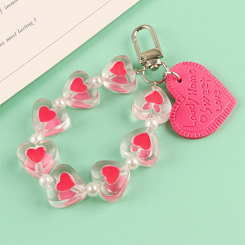 Imitation Leather Pendants Keychain, with Resin Beads and Alloy Findings, Heart with Word, Hot Pink, Heart: 3x3.8cm
