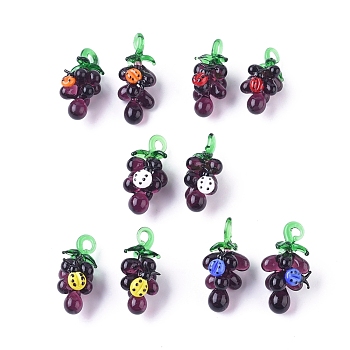 Autumn Theme Thanksgiving Charms Handmade Lampwork Pendants, with Ladybug, Grape, Mixed Color, Size: about 22mm wide, 41mm long, hole: 6mm