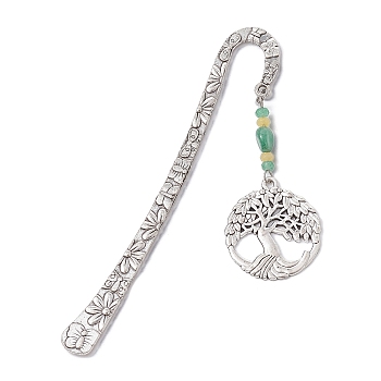 Natural Malaysia Jade & Green Aventurine Beaded Pendant Bookmarks with Alloy Tree of Life, Flower Pattern Hook Bookmarks, Antique Silver, 123.5x21x2.5mm, Pendant: 60x30x5mm