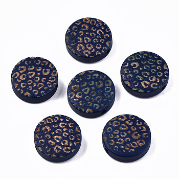 Painted Natural Wood Beads, Laser Engraved Pattern, Flat Round with Leopard Print, Dark Blue, 15x4.5mm, Hole: 1.5mm