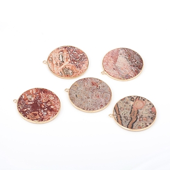 Natural Leopard Skin Jasper Pendants, with Brass Findings, Flat Round, Golden, 32~34x28.5~31x2mm, Hole: 1.6mm