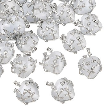 Valentine Idea for Her Gifts Cat Eye Pendants, with Brass Findings, Heart, Platinum Color, White, 25x21x9mm, Hole: 5x4mm
