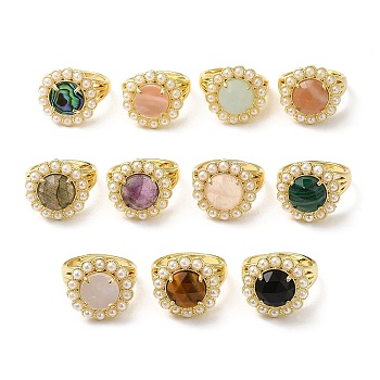 Natural Mixed Gemstone Flower Adjustable Ring with Plastic Pearl Beaded, Real 14K Gold Plated Brass Jewelry, Inner Diameter: 16.5~17mm