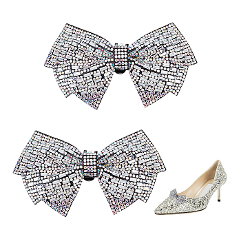 Glass Rhinestone Bowknot Shoe Decorations, Detachable Shoe Buckle Clips, with Iron & Felt Findings, Crystal AB, 58x102x16mm