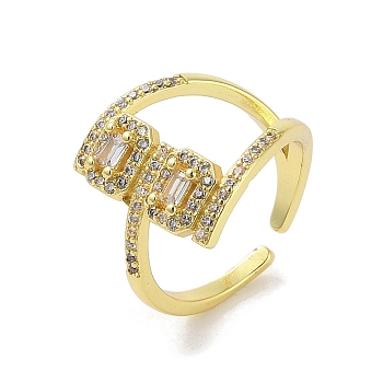 Brass Pave Cubic Zirconia Open Cuff Rings, Rectangle, Real 18K Gold Plated, US Size 7(17.3mm)