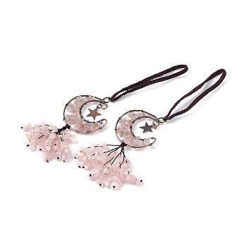 Natural Rose Quartz Moon with Chips Tassel Pendant Decorations, with Rack Plating Red Copper Plated Brass Findings, Cadmium Free & Lead Free, 205~208mm