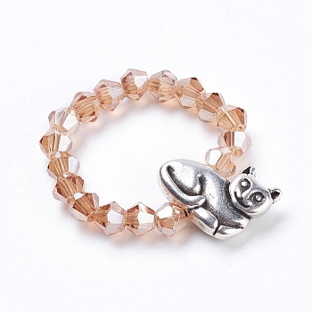 Electroplate Faceted Glass Beads Rings, with Alloy Beads, Cat Shape, PeachPuff, Size 8, 18mm
