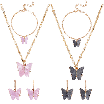 Plastic Butterfly Pendant Necklace & Bracelet & Dangle Leverback Earrings, Golden Alloy Jewelry Set for Women, Mixed Color, 18.19 inch(46.2cm), 7-1/4 inch(18.5cm), 30.5mm, Pin: 0.7mm