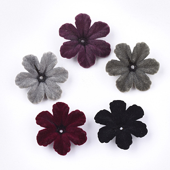 Flocky Acrylic Bead Caps, 6-Petal, Flower, Mixed Color, 32.5~34x29~30x8~9mm, Hole: 2mm
