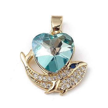 Real 18K Gold Plated Rack Plating Brass Micro Pave Cubic Zirconia Pendants, with Glass, Long-Lasting Plated, Cadmium Free & Lead Free, Heart & Whale, Sky Blue, 19x19x8mm, Hole: 5x3mm