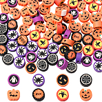 160Pcs 6 Style Halloween Theme Handmade Polymer Clay Beads, Flat Round, Mixed Color, 10x5mm, Hole: 1.5mm(CLAY-SP0001-11)