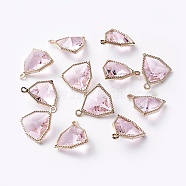 Glass Pendants, with Eco-Friendly Alloy Open Back Berzel Findings, Faceted, Triangle, Light Gold, Pink, 17x14.5x7mm, Hole: 1.2mm(GLAA-A037-F-09KC)