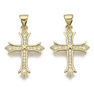 Brass Micro Pave Clear Cubic Zirconia Pendants, with Brass Snap on Bails, Nickel Free, Cross, Real 14K Gold Plated, 24x17x2mm, Hole: 5x3mm(ZIRC-N039-072-NF)