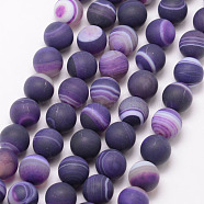 Natural Striped Agate/Banded Agate Bead Strands, Round, Grade A, Frosted, Dyed & Heated, Indigo, 10mm, Hole: 1mm, about 37pcs/strand, 15 inch(X-G-K166-12-10mm-02)