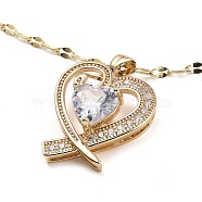 Heart Light Gold Brass Micro Pave Cubic Zirconia Pendant Necklaces, with Glass, Clear, 16.14 inch(41cm)(NJEW-E105-09KCG-03)