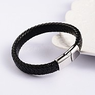 Trendy Leather Braided Cord Bracelets, with 304 Stainless Steel Magnetic Clasps, Black, 220x12x6mm(BJEW-P128-06C)