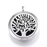 316 Surgical Stainless Steel Diffuser Locket Pendants, with Perfume Pad and Magnetic Clasps, Flat Round with Tree of Life, Black, 36.5x30x6.5~7mm, Hole: 5mm(STAS-E112-20A)