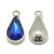 Alloy Glass Pendants, Faceted, teardrop, Platinum, Royal Blue, 18x10x5mm, Hole: 2mm(PALLOY-T029-8x13mm-11)
