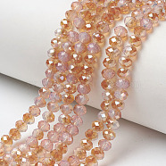Electroplate Glass Beads Strands, Imitation Jade Beads, Half Plated, Rainbow Plated, Faceted, Rondelle, PeachPuff, 4x3mm, Hole: 0.4mm, about 123~127pcs/strand, 16.5~16.9 inch(42~43cm)(EGLA-A034-J4mm-J03)